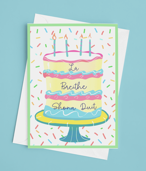 Happy Birthday Cake - Irish Language Greetings Card