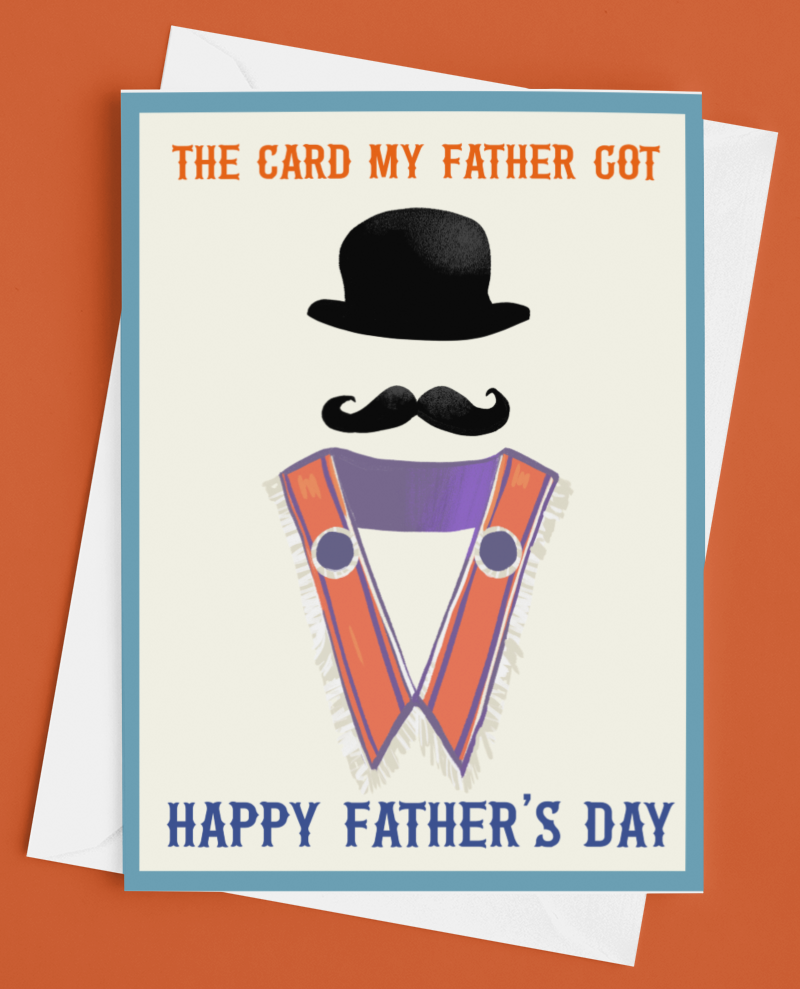 Happy Fathers Day with mustache and hat. Fathers day card for